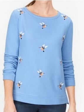 Talbots French Terry Blue Tweeting Birds Embroidered Hummingbird Sweatshirt 1X